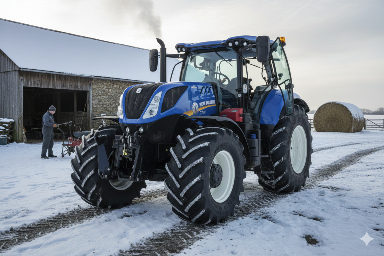 Ciągnik New Holland T7 przygotowany do pracy zimą na gospodarstwie